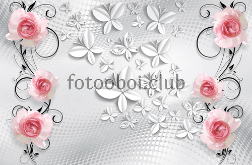 цветы, цветок, розы, узоры, бабочки, 3д, 3d 
