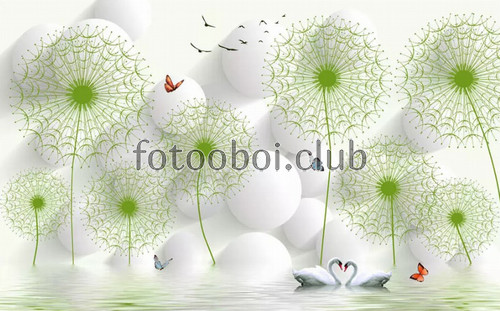 одуванчики, шары, лебеди, вода, бабочки,3д, 3d